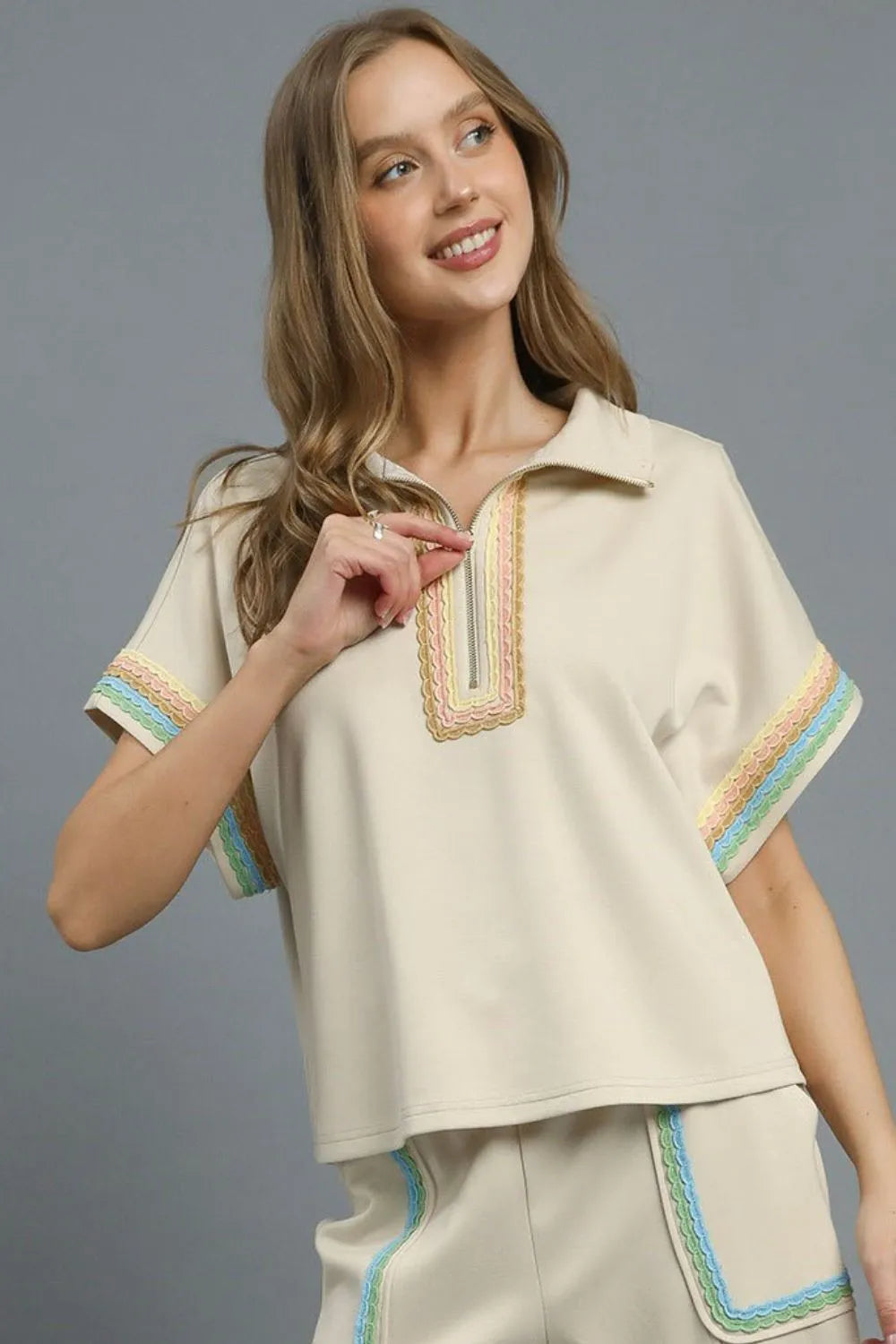Beige Umgee Contrast Trim Half Zip Collared Blouse | Blouses Daverri Fashions