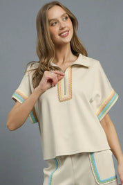 Beige Umgee Contrast Trim Half Zip Collared Blouse | Blouses Daverri Fashions