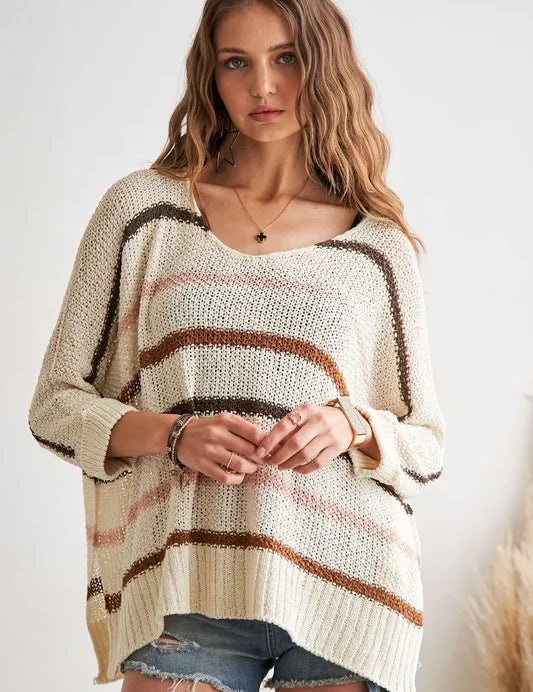 IVORY MULTI STRIPE ADORA Multi Color Strip Sweater Plus Size | Sweaters Daverri Fashions