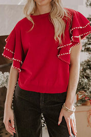Ruffle Sleeve Pearl Embellished Knit Top | Knit Tops Daverri Fashions