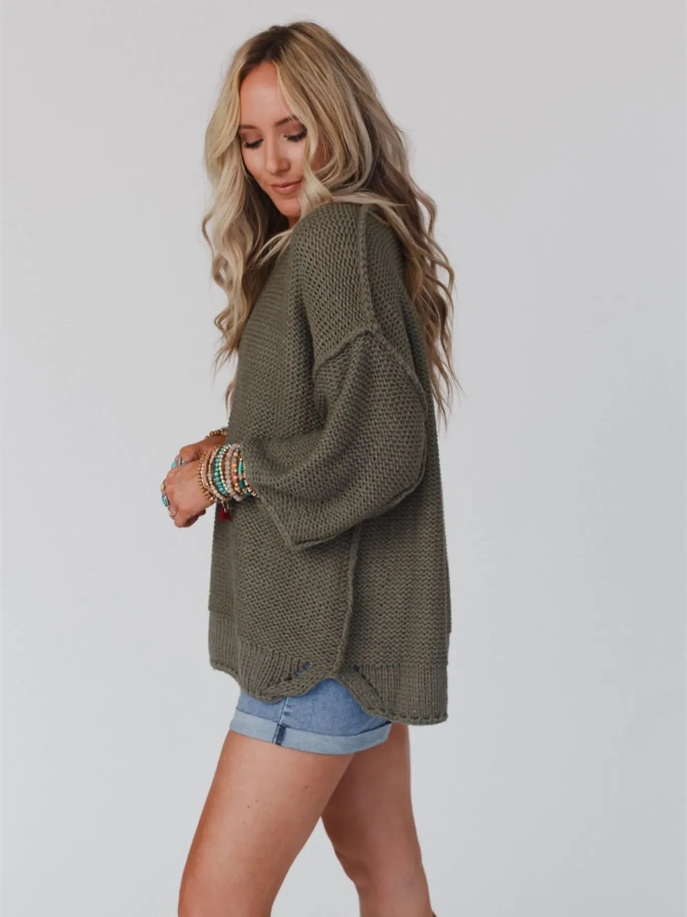 Round Neck Oversized Knit Top with Relaxed Fit | Tops Daverri Fashions