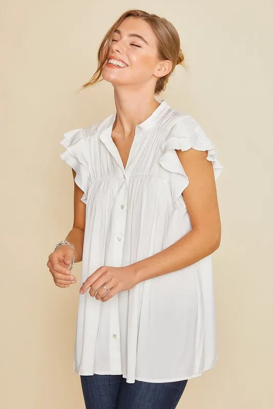 Annie Wear Ruffle Sleeve Shirred Flowy Woven Tunic Shirts | Daverri Fashions
