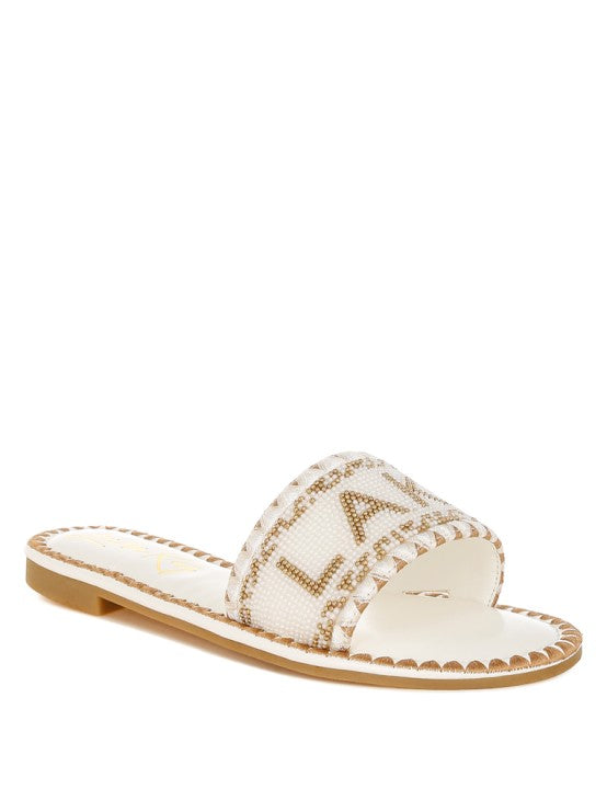 Beige Hot Hub Beaded Lake Como Flat Slip Ons | Slides Daverri Fashions
