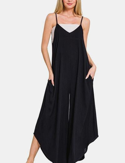 Black S Zenana Spaghetti Strap Wide Leg Overalls with Pockets | Daverri Fashions