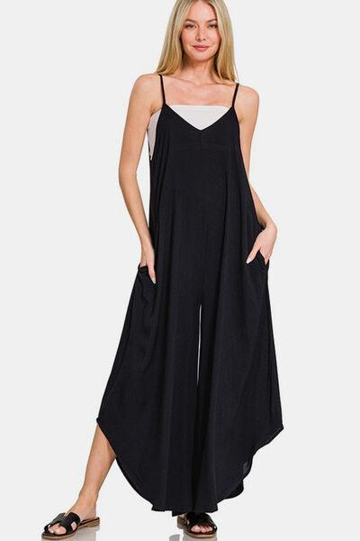 Black S Zenana Spaghetti Strap Wide Leg Overalls with Pockets | Daverri Fashions