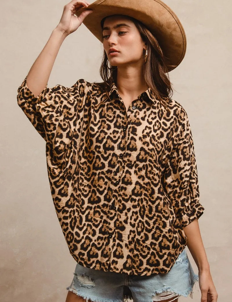 BiBi Leopard Prints Oversized Short Sleeves Top | Tops Daverri Fashions