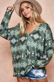 OLIVE COMBO BiBi Aztec Print Brushed Out Stitching Detailed Top | Tops Daverri Fashions