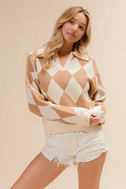 BiBi Diamond Pattern Collared Notch Neck Sweater | Sweaters Daverri Fashions