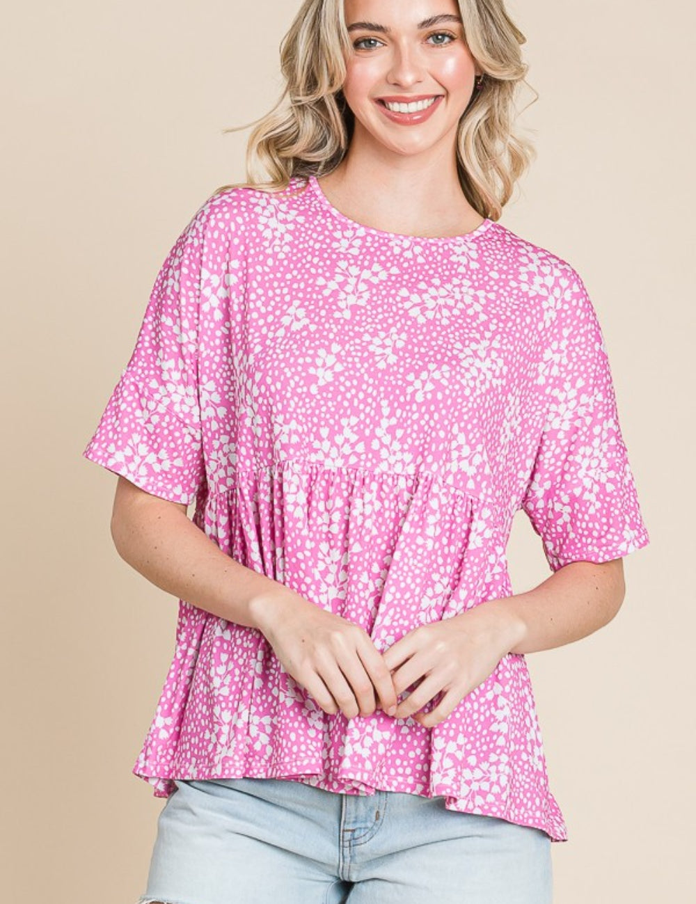Pink BOMBOM Floral Round Neck Peplum Blouse | Daverri Fashions