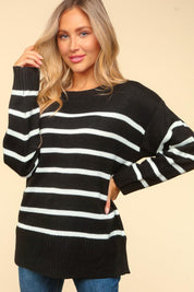 Black 1XL Haptics Full Size Striped Contrast Side Slit Sweater | Sweaters Daverri Fashions