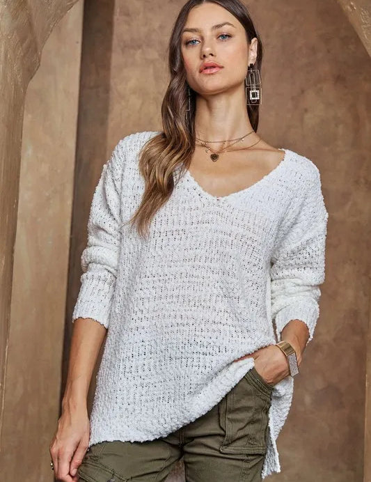 White ADORA High-Low Side Slit V-Neck Sweater | Sweaters Daverri Fashions