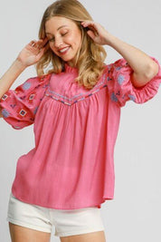 Hot Pink Umgee Full Size Embroidered Puff Sleeve Mock Neck Top Plus Size | Tops Daverri Fashions