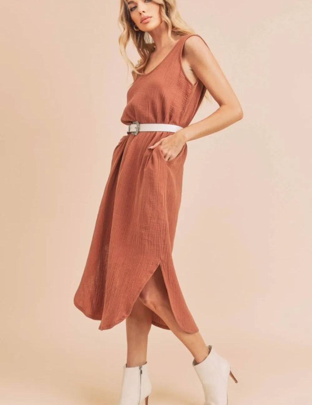 Aemi + Co Round Neck Midi Tank Dress with Pockets | Daverri Fashions