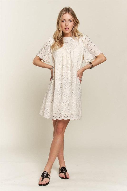 ADORA Ruffled Eyelet Round Neck Dress | Daverri Fashions