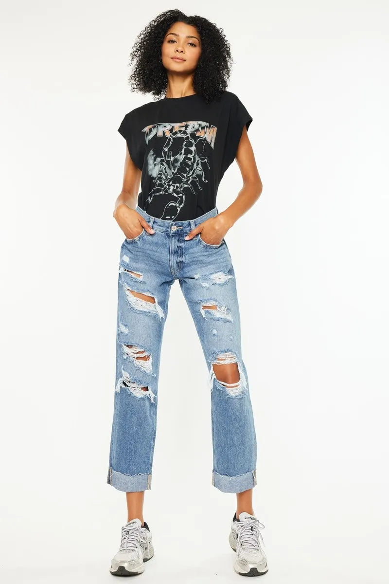 Kancan Mid Rise Distressed Boyfriend Fit Jeans | Jeans Daverri Fashions