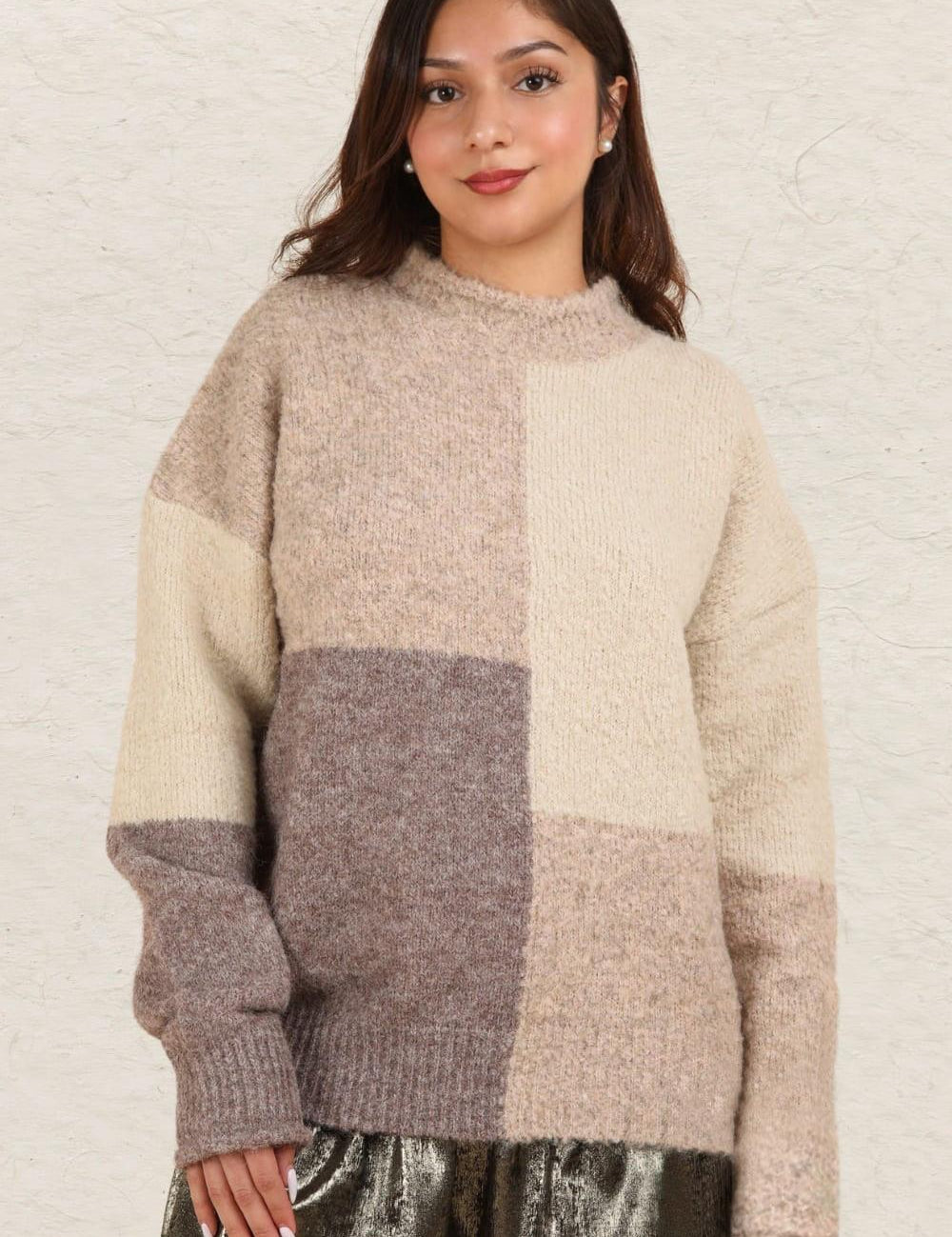 Cream VERY J Color Block Mock Neck Drop Shoulder Sweater Cream | Sweaters Daverri Fashions