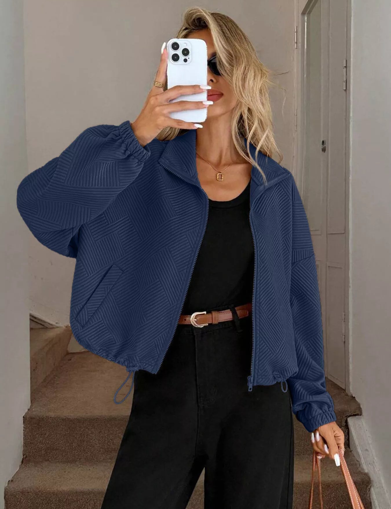 Navy Drawstring Hem Textured Long Sleeve Jacket | Jackets Daverri Fashions