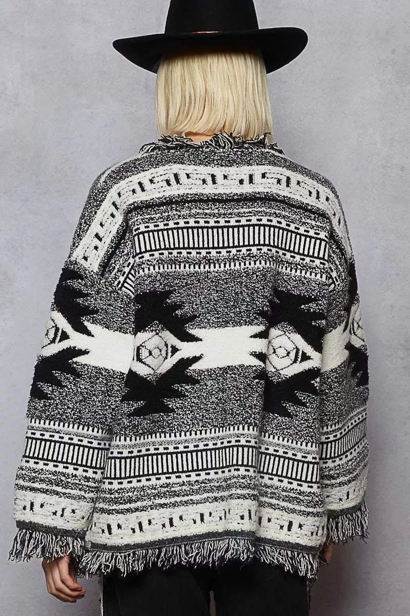 POL Open Front Geometric Print Cardigan with Fringe Detail | Cardigans Daverri Fashions