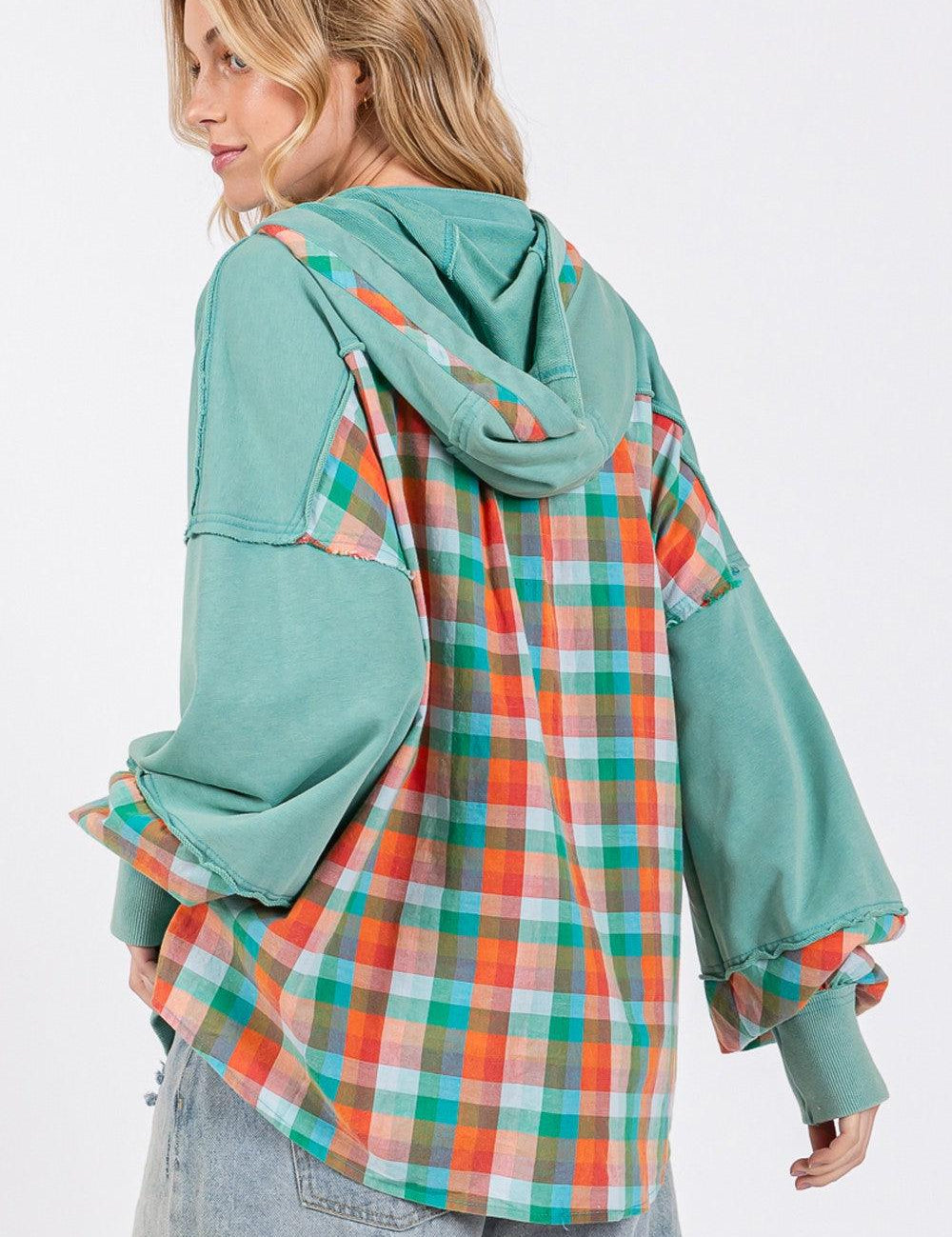 SAGE + FIG Full Size Plaid Print Washed Hoodie | Hoodies Daverri Fashions