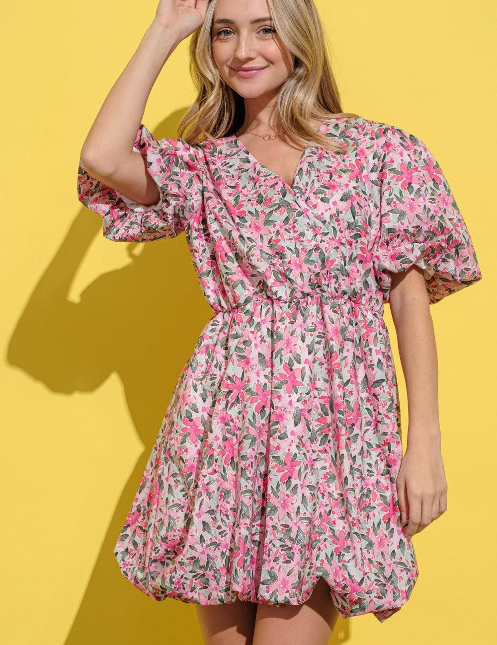 And The Why Full Size Floral Surplice Puff Sleeve Dress | Daverri Fashions