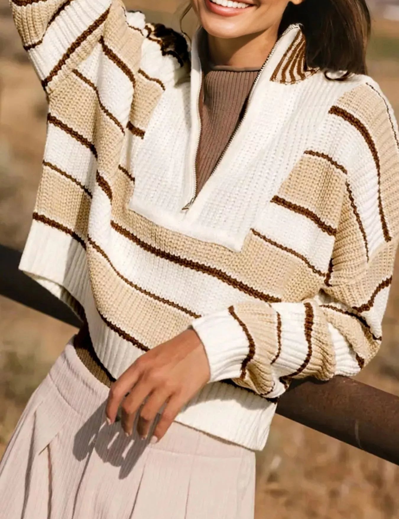 Tan Stripe Half Zip Drop Shoulder Sweater | Sweaters Daverri Fashions