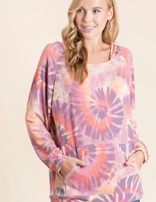 TIE DYE BiBi Circular Tie Dye Print Terry Hoodie with Kangaroo | Hoodies Daverri Fashions