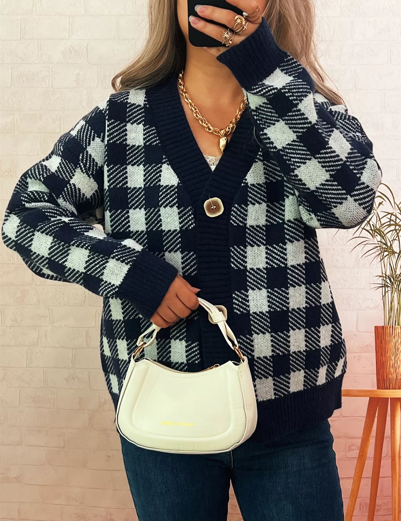 Navy One Size Plaid Button-Down Cardigan | Cardigans Daverri Fashions
