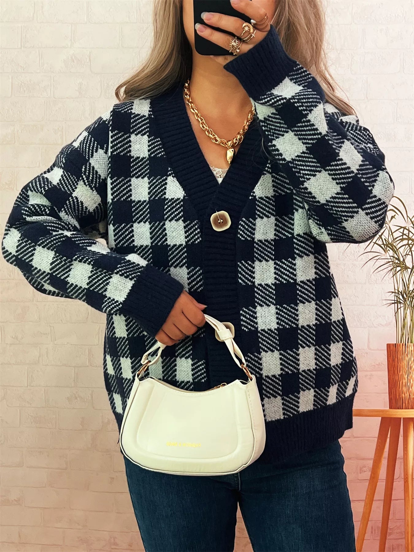 Navy One Size Plaid Button-Down Cardigan | Cardigans Daverri Fashions
