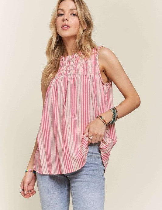 ADORA Contrast Striped Frill Round Neck Sleeveless Top | Tops Daverri Fashions