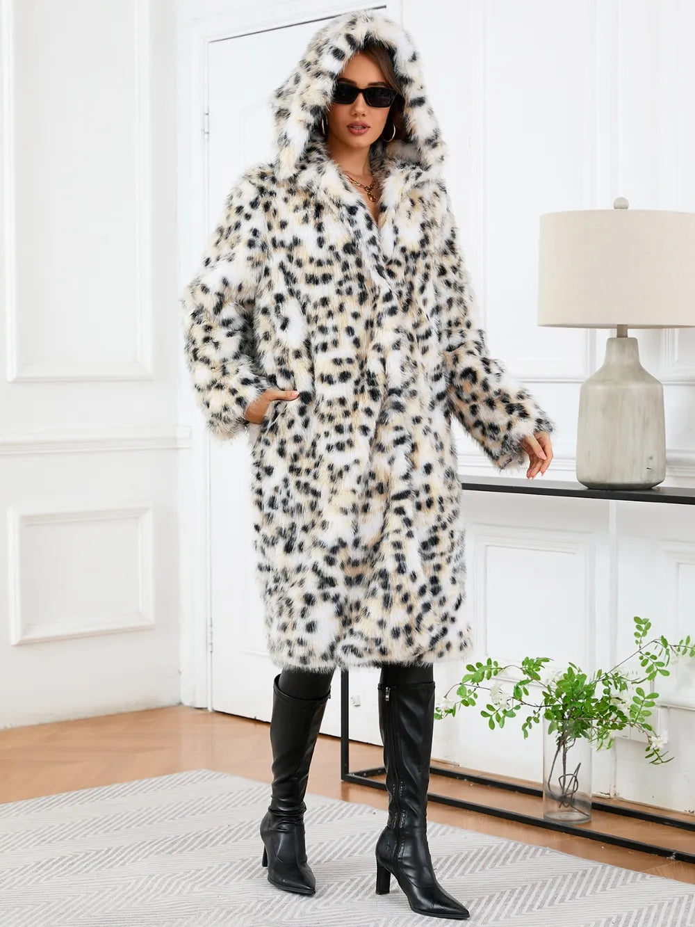 Thermal Leopard Faux Fur Hooded Coat | Coats Daverri Fashions