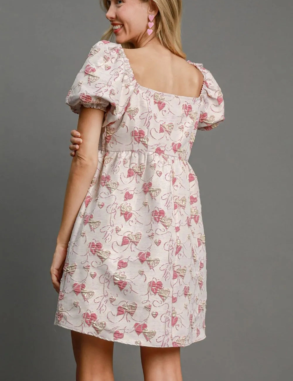 Umgee Heart Jacquard Square Neck Puff Sleeve Mini Dress Pink | Mini Dresses Daverri Fashions