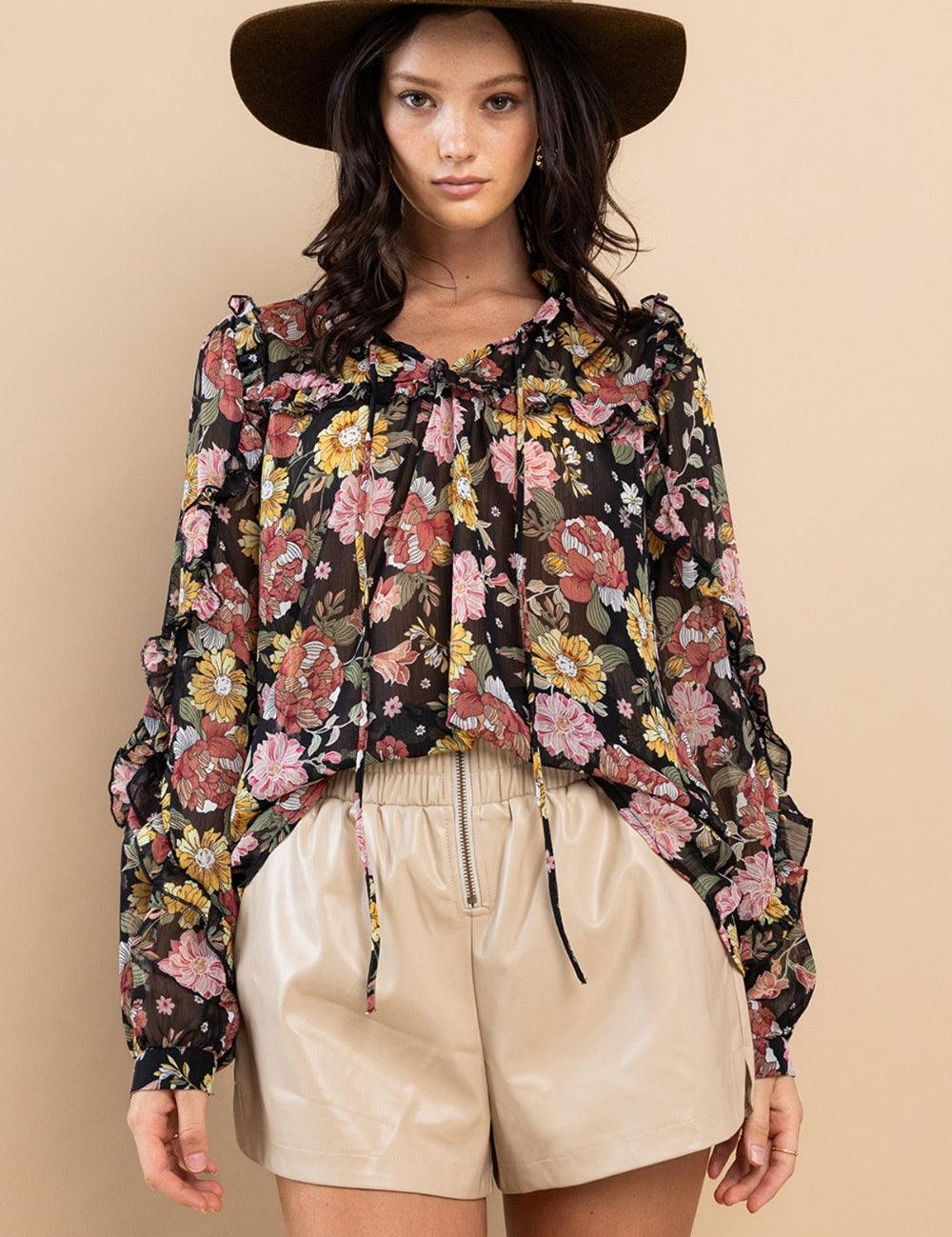 Floral Ces Femme Ruffle Trim Long Sleeve Floral Blouse | Blouses Daverri Fashions