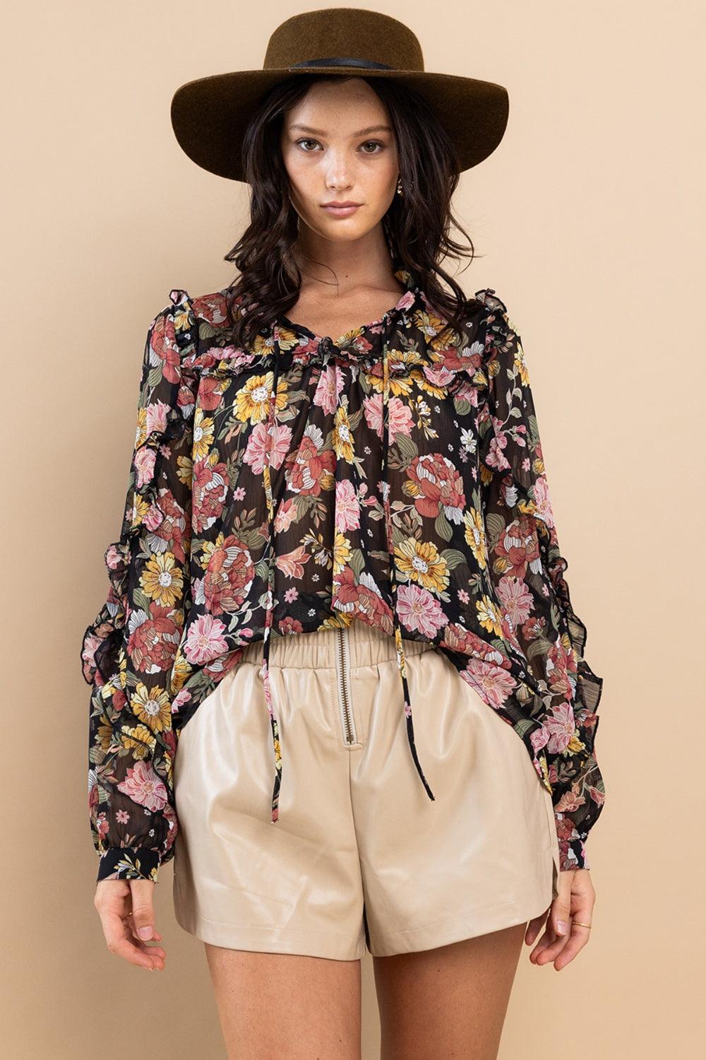 Floral Ces Femme Ruffle Trim Long Sleeve Floral Blouse | Blouses Daverri Fashions