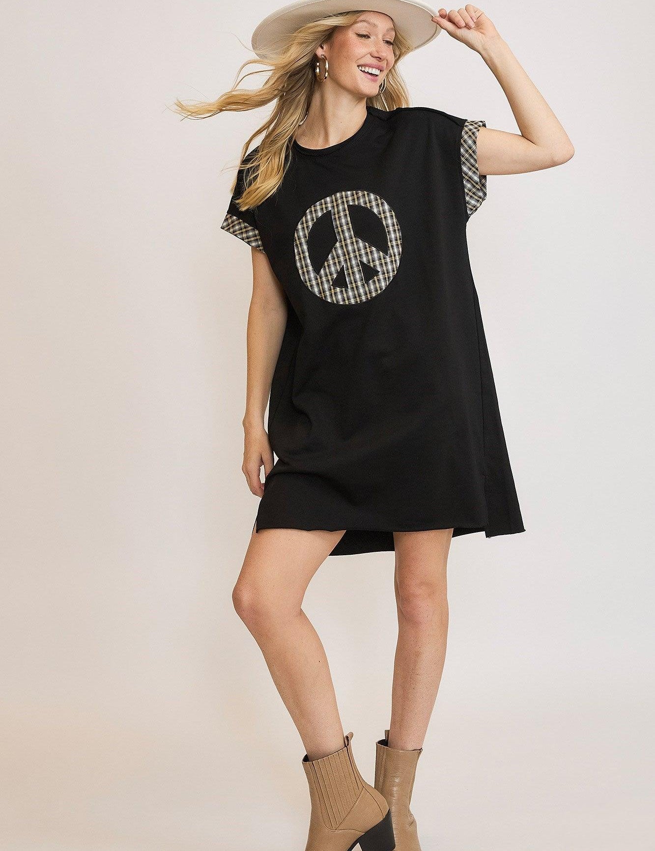 Black Umgee Peace Plaid Applique Short Sleeve Mini Dress | Daverri Fashions