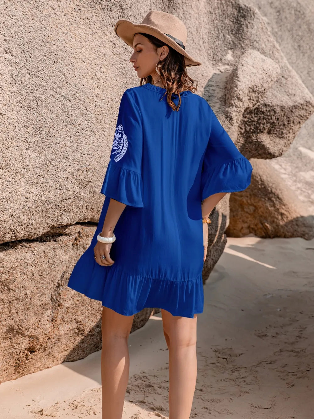 Printed Tie Neck Flounce Sleeve Mini Dress | Mini Dresses Daverri Fashions