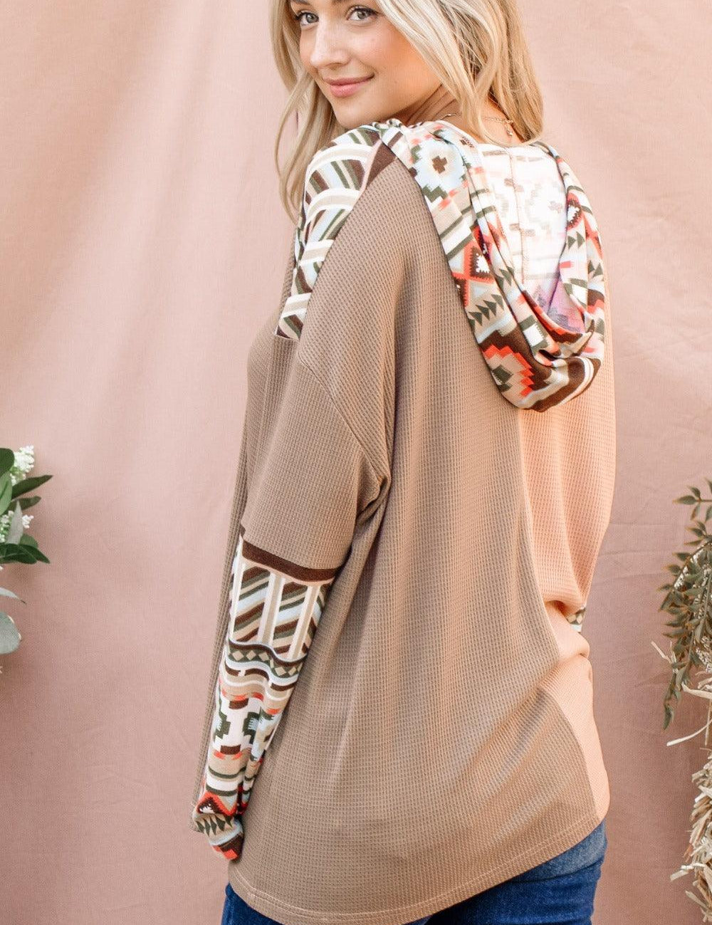 And The Why Printed Color Block Hooded Waffle Top | Tops Daverri Fashions