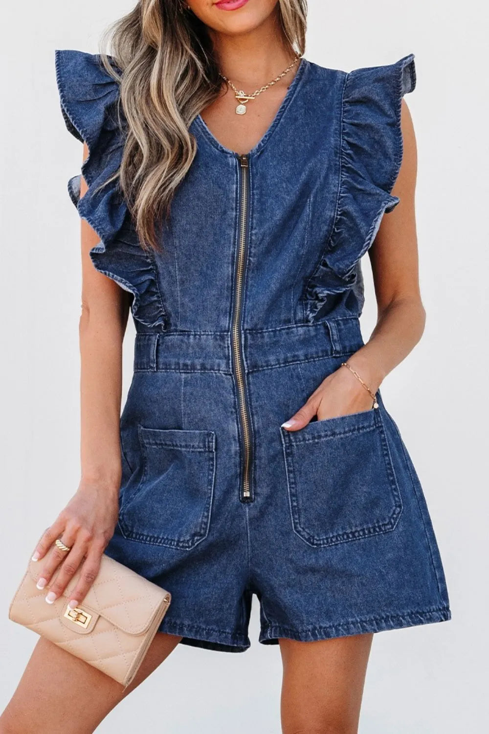 Denim Ruffled Zipped Front Belted Romper | Rompers Daverri Fashions