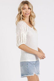 Mittoshop Mixed Media Textured Knit Popcorn Puff Sleeve Blouse | Blouses Daverri Fashions