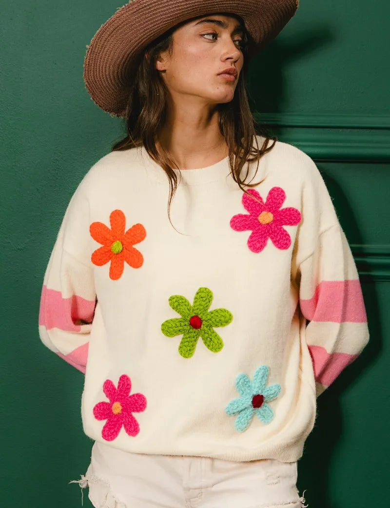 BiBi Colorful Floral Patched Sweater with Striped Sleeve | Sweaters Daverri Fashions