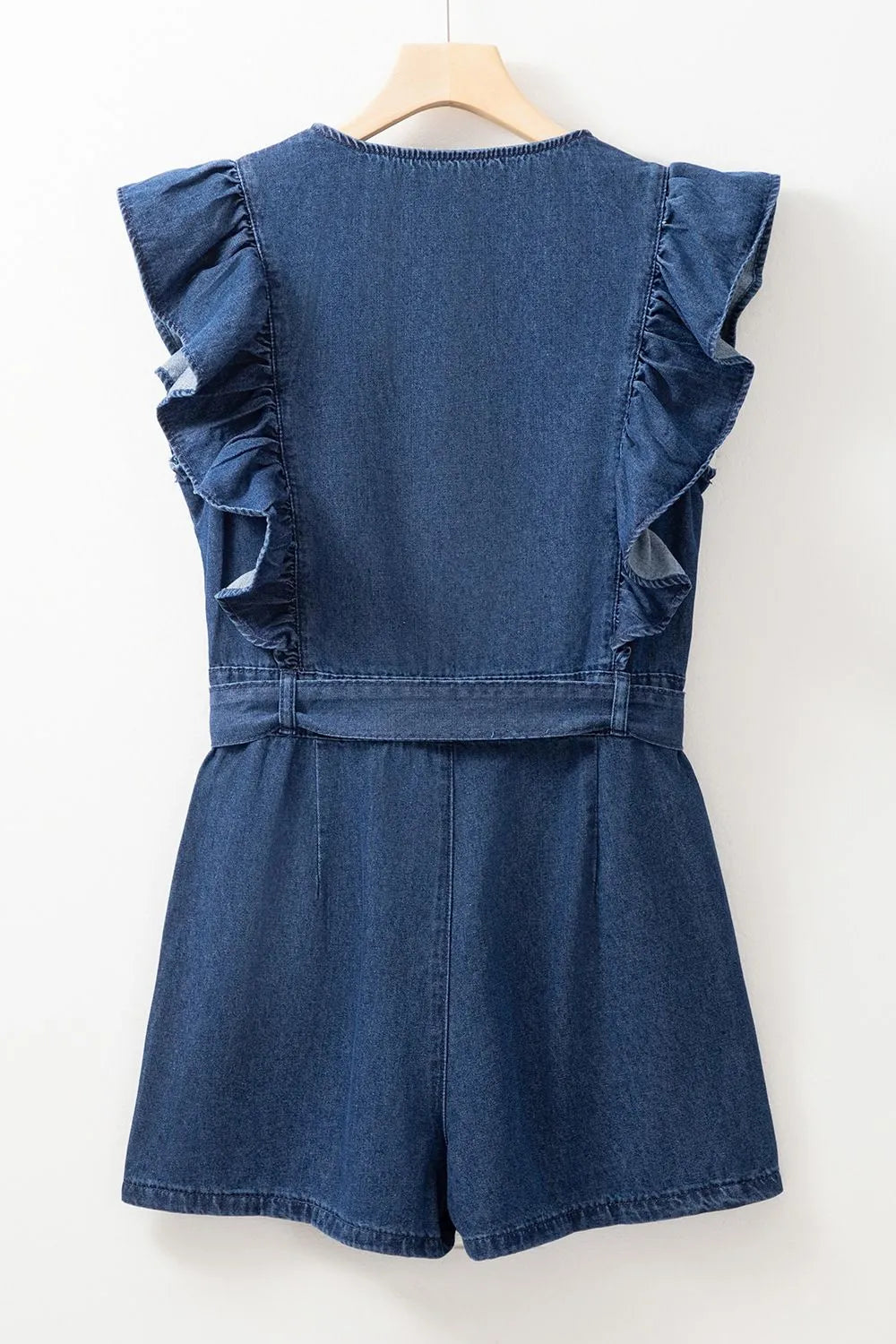 Denim Ruffled Zipped Front Belted Romper | Rompers Daverri Fashions