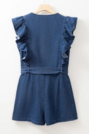 Denim Ruffled Zipped Front Belted Romper | Rompers Daverri Fashions