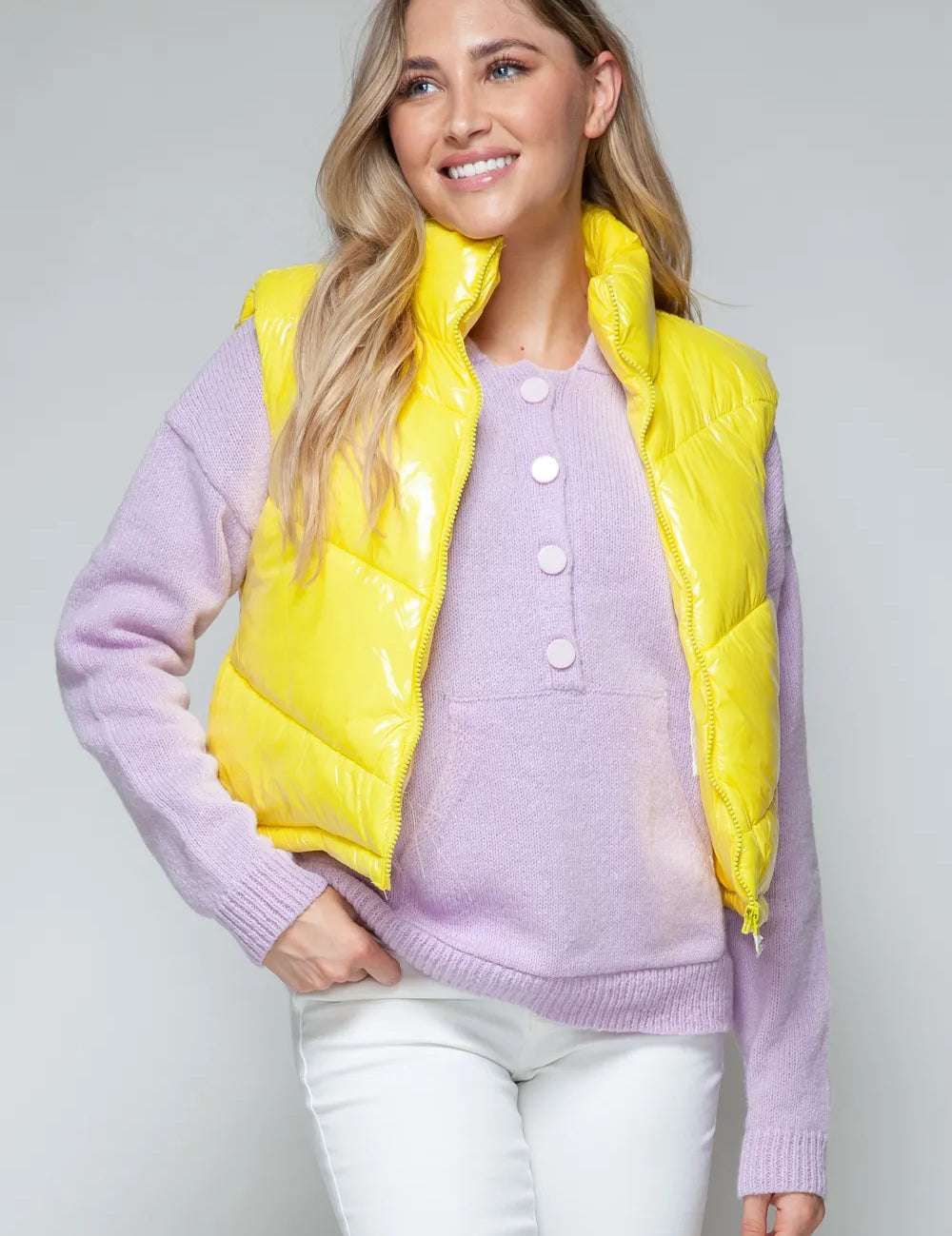 Yellow Snobbish Zip Up Turtleneck Shiny Quilted Vest | Vest jackets Daverri Fashions