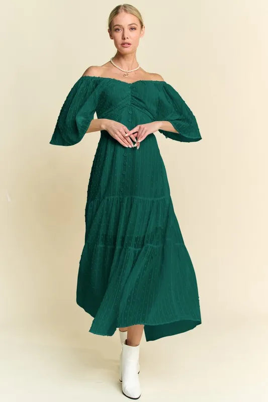 Forest Green Davi & Dani Swiss Dotted Ruched Ruffle Open Back Midi Dress | Midi Dresses Daverri Fashions