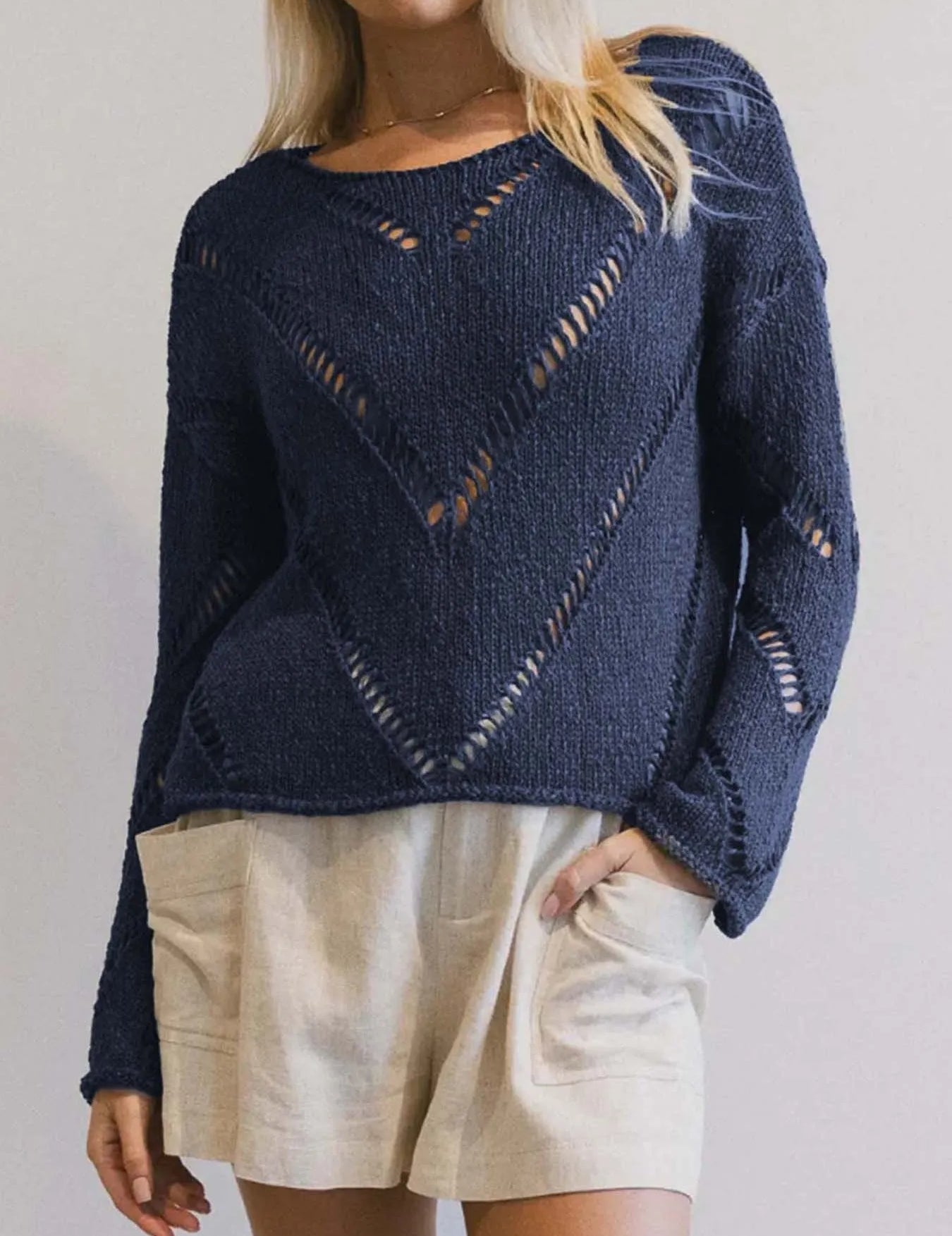 Openwork Boat Neck Long Sleeve Sweater | Sweaters Daverri Fashions