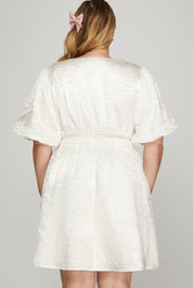 She + Sky Crinkle Woven V-Neck Balloon Sleeve Mini Dress | Mini Dresses Daverri Fashions