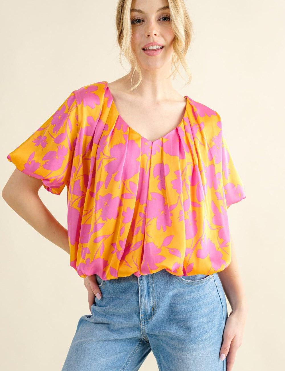 Citrus And The Why Full Size Printed Satin Bubble Hem Top | Tops Daverri Fashions