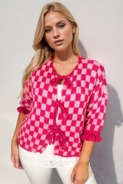 Double Take Tied Checkered Dropped Shoulder Flounce Sleeve Cardigan | Cardigans Daverri Fashions