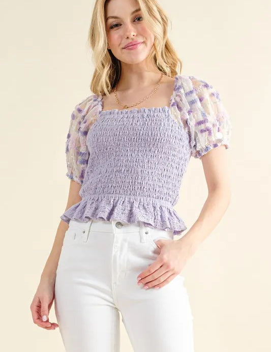 LAVENDER And The Why Embellishment Sleeve Smocked Top | Tops Daverri Fashions