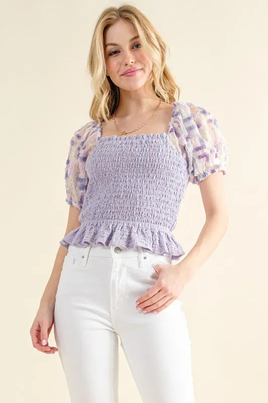 LAVENDER And The Why Embellishment Sleeve Smocked Top | Tops Daverri Fashions