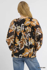 Umgee Autumn Leaf Print Balloon Sleeve Blouse | Blouses Daverri Fashions